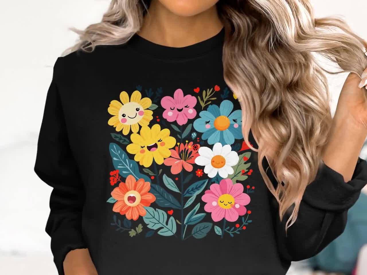 かわいい花束Tシャツ、笑顔の花、花柄Tシャツ、気まぐれなデザイン